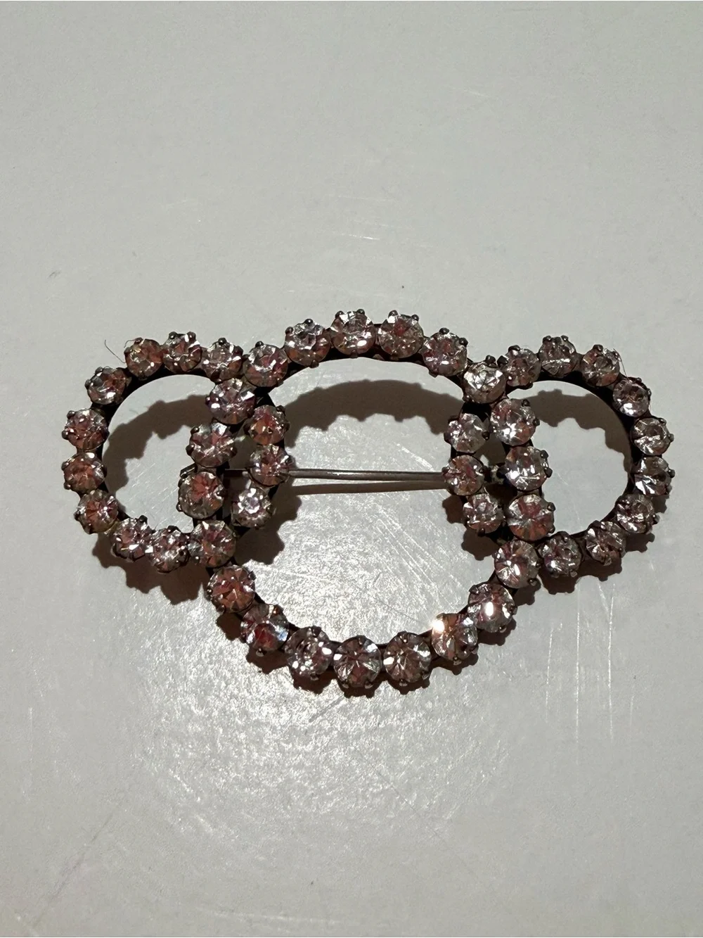 Vintage 875 Silver Clear Crystal Triple Circle Brooch Pin Prong Set Estate